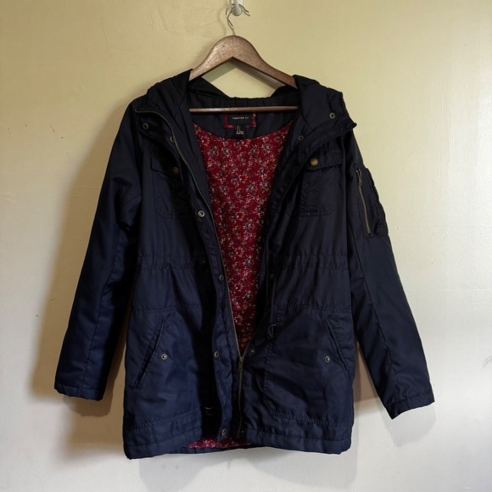 Forever 21 Womens Navy Blue Utility Anorak Parka Jacket Floral Lining Hood S
